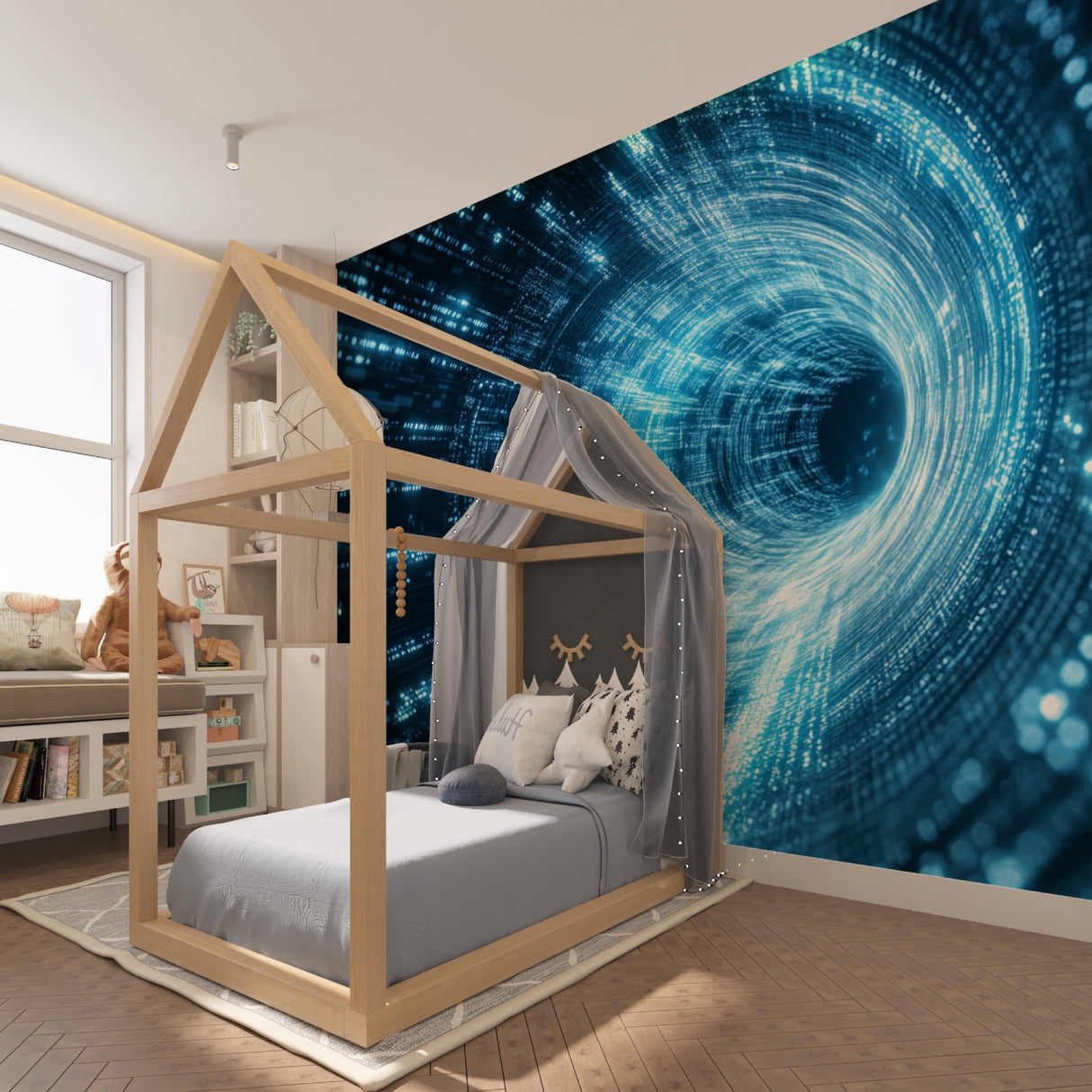 Futuristic blue portal wallpaper in contemporary living room