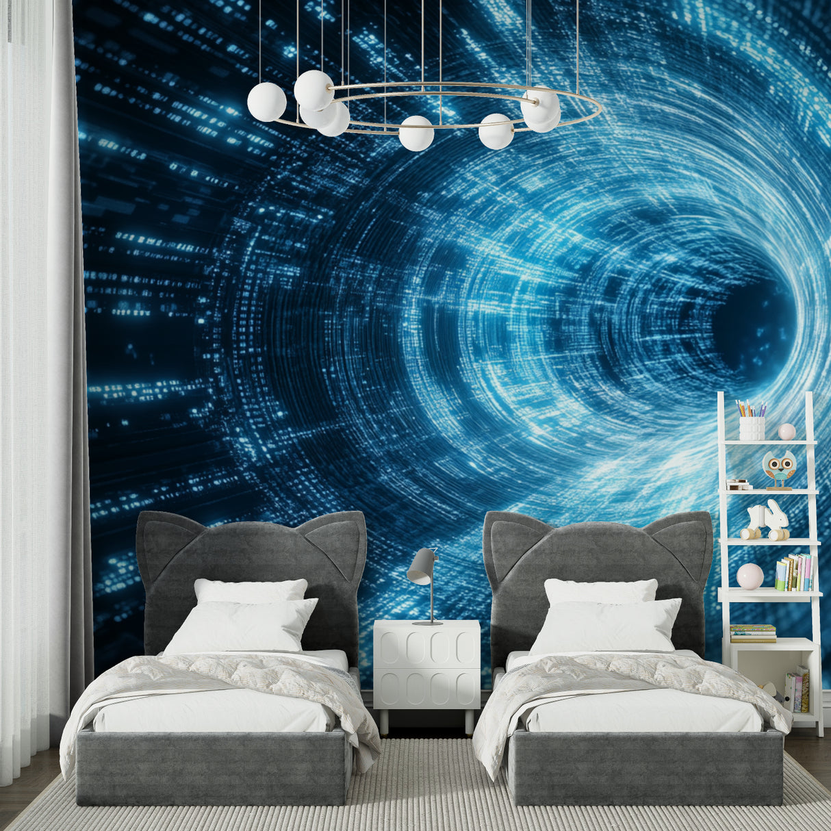 Digital vortex mural in teen bedroom with gaming setup