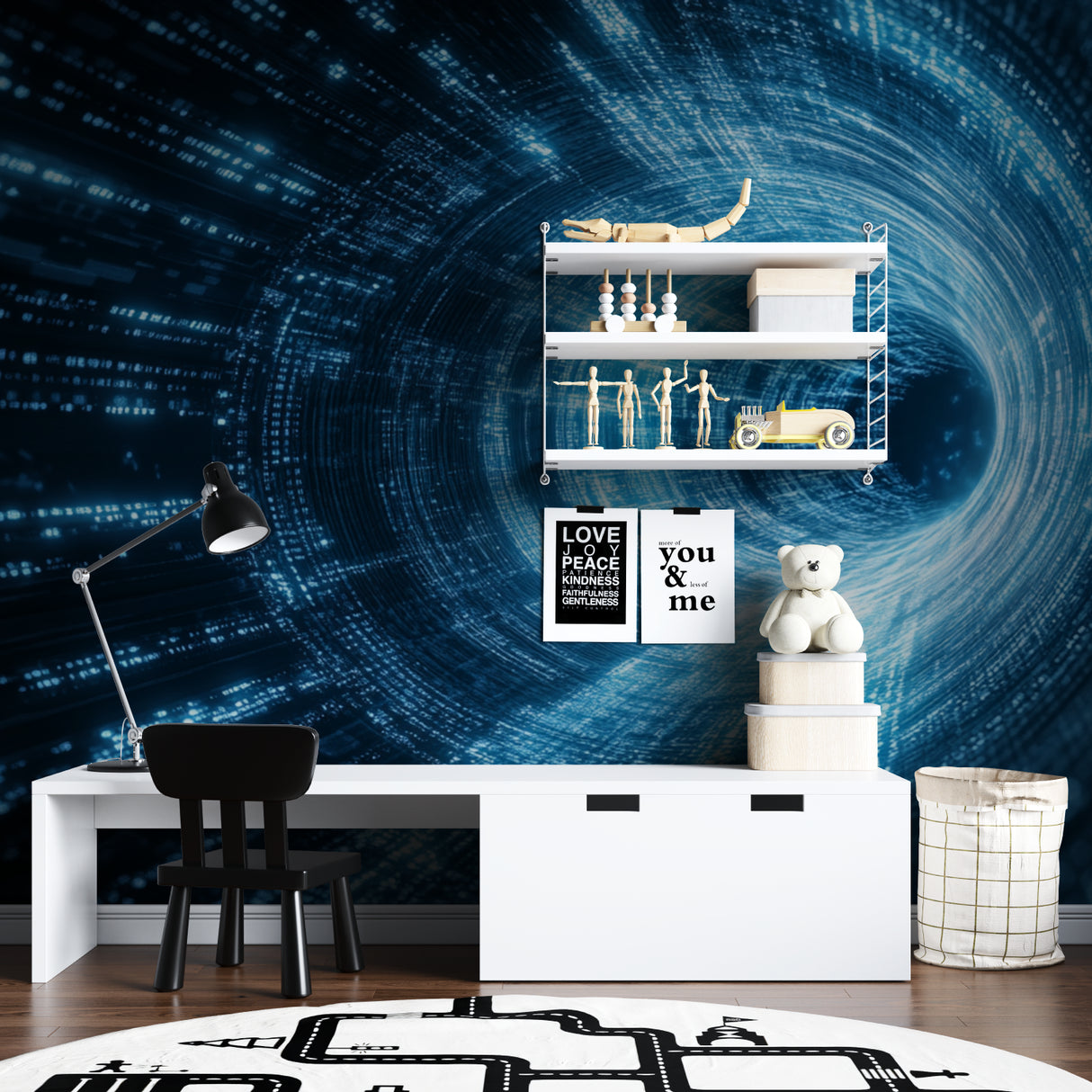 Tech portal wallpaper in modern media room with ambient lighting