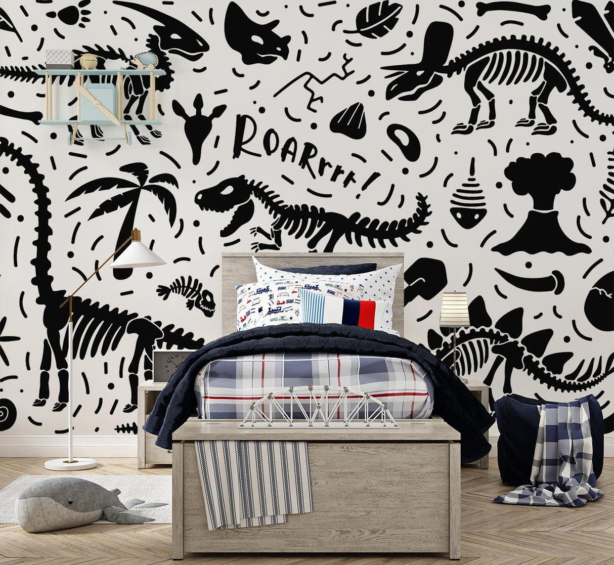 Black and white dinosaur skeleton wallpaper creating an educational atmosphere in a modern playroom
