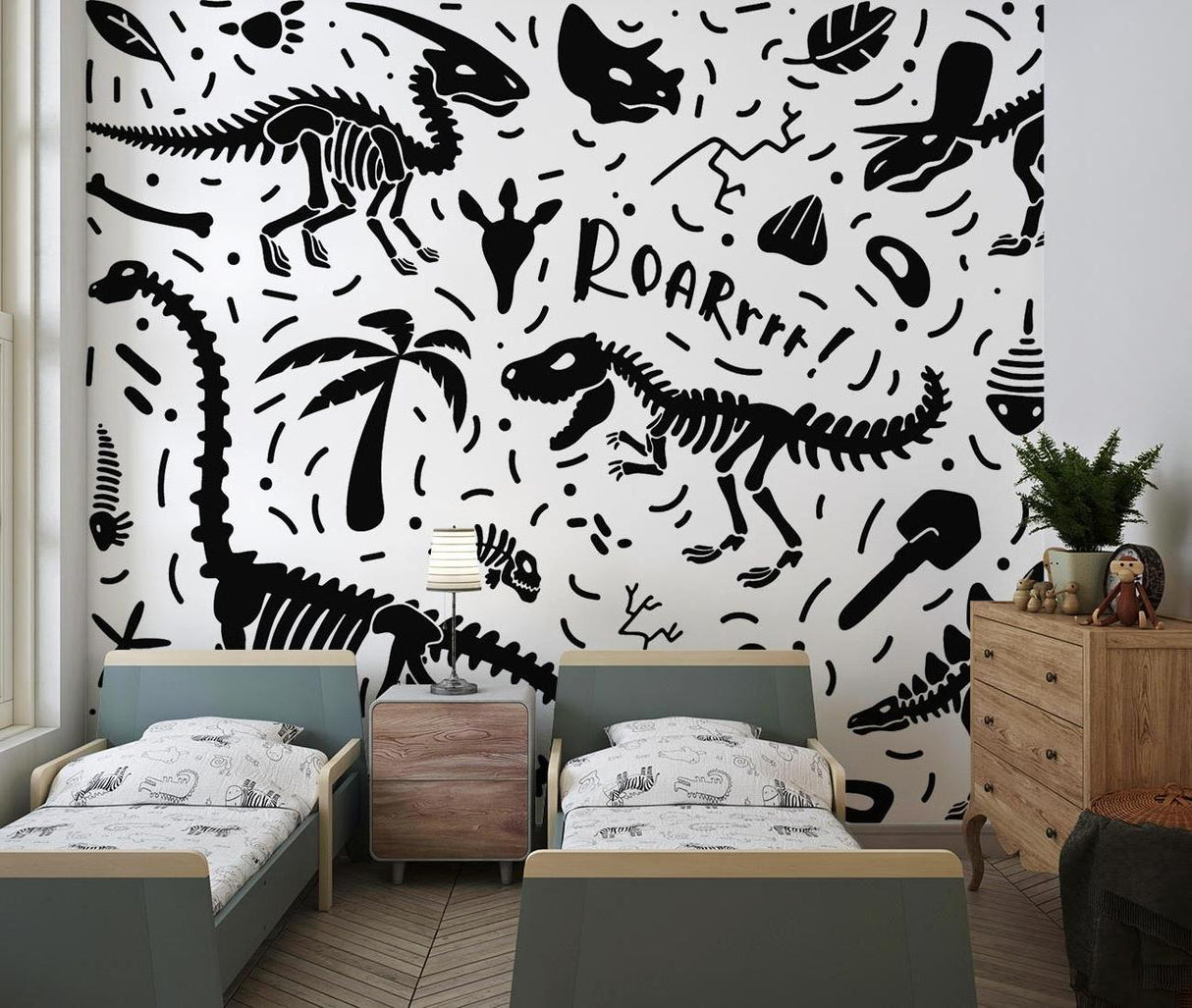 Monochrome prehistoric wallpaper bringing style to a child's bedroom with fossil illustrations