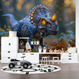 Blue Neon T-Rex Dinosaur Wallpaper in modern kids bedroom with LED mood lighting