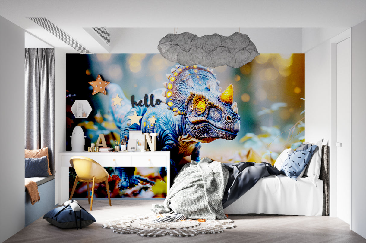 Dinosaur Wall Mural featuring glowing T-Rex in cozy teen gaming room