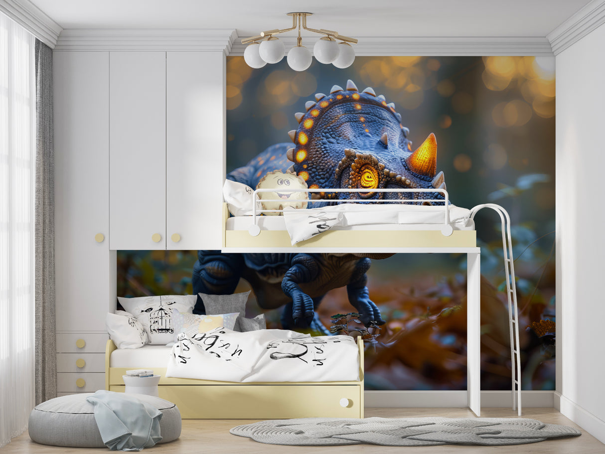 3D T-Rex Wallpaper with neon effects in stylish playroom setting