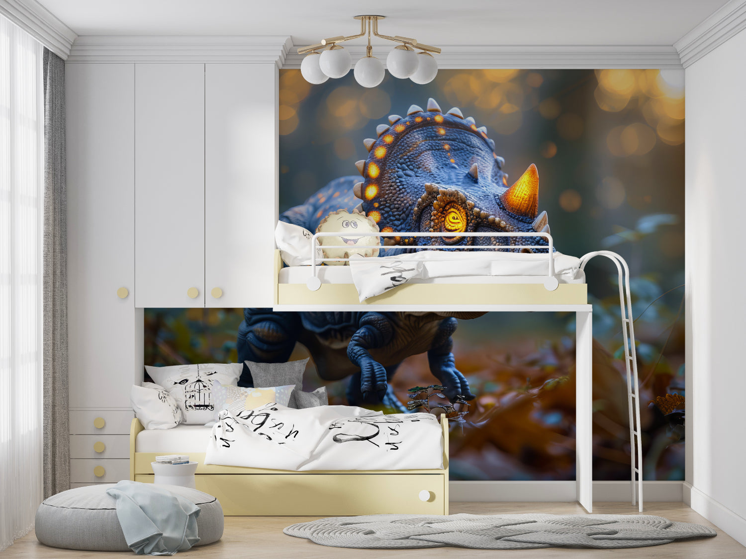3D T-Rex Wallpaper with neon effects in stylish playroom setting