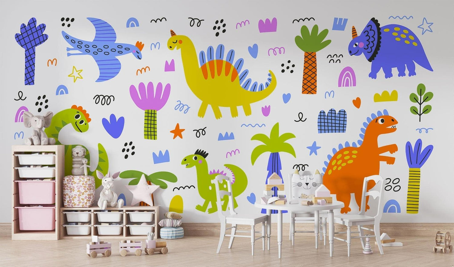 Toddler room showcasing cheerful dinosaur wall design with toy storage