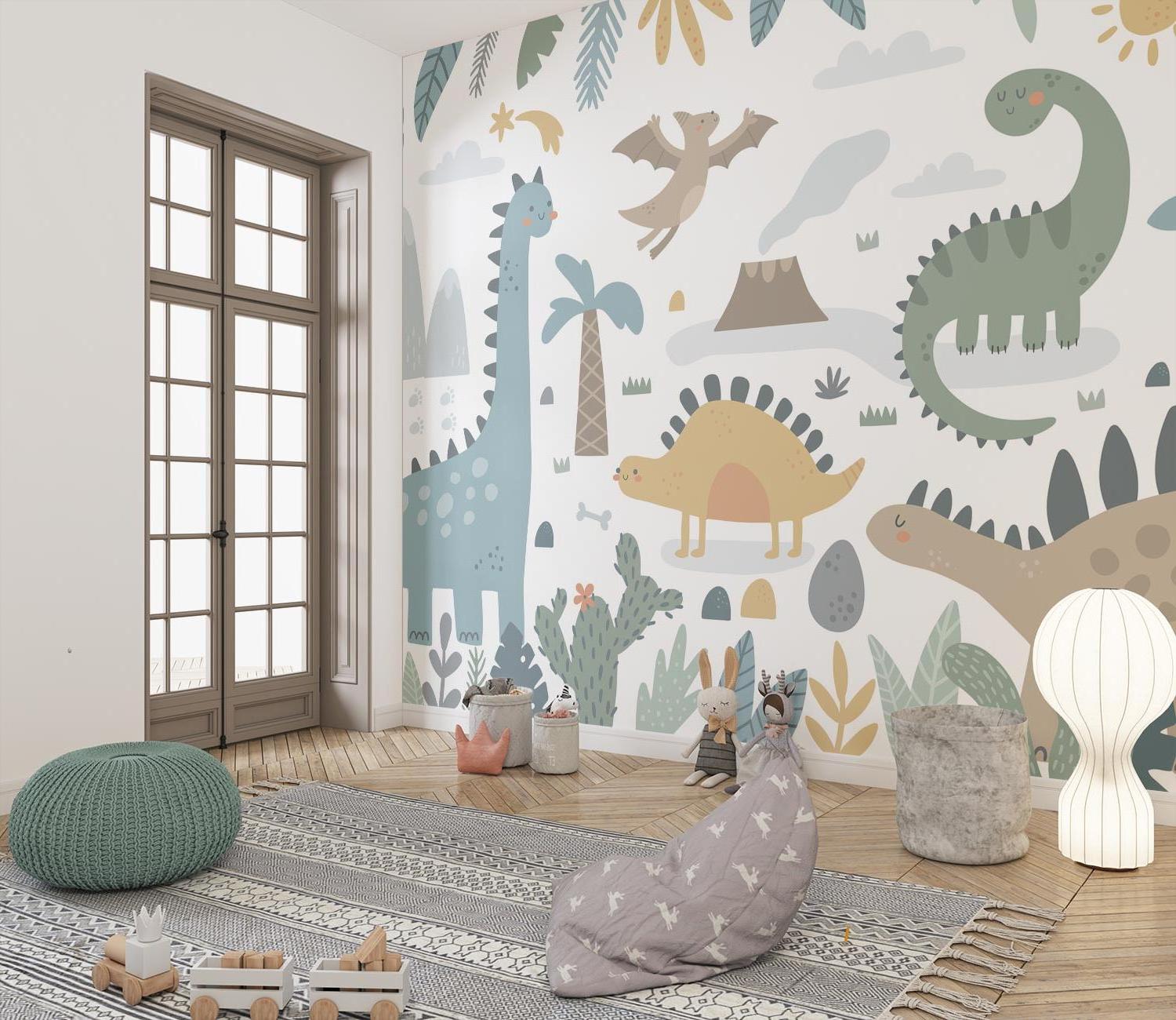 Kids bedroom featuring sweet dinosaur wallpaper with reading nook and play area