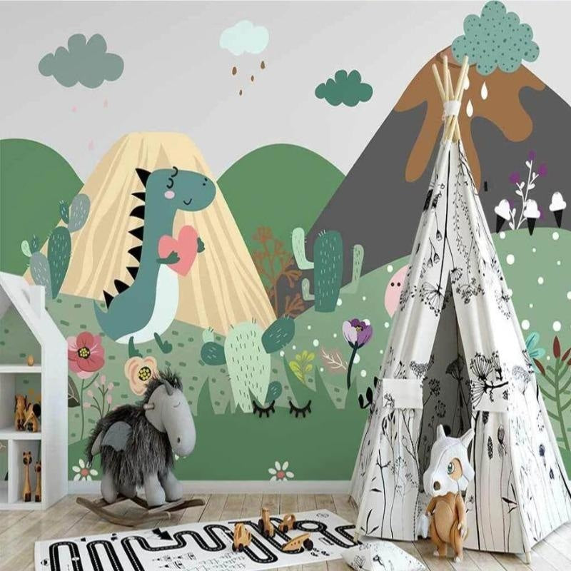 Dinosaur mountain wallpaper creating a cozy atmosphere in a modern nursery with natural light