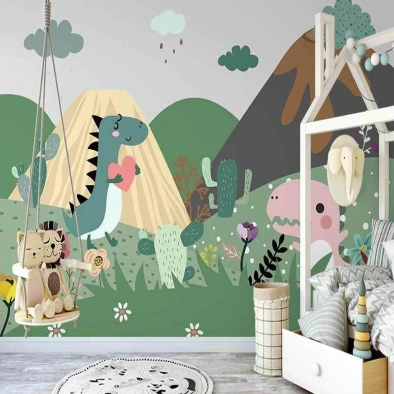 Kids bedroom featuring cute dinosaur wallpaper with mountain scene, styled with simple wooden furniture