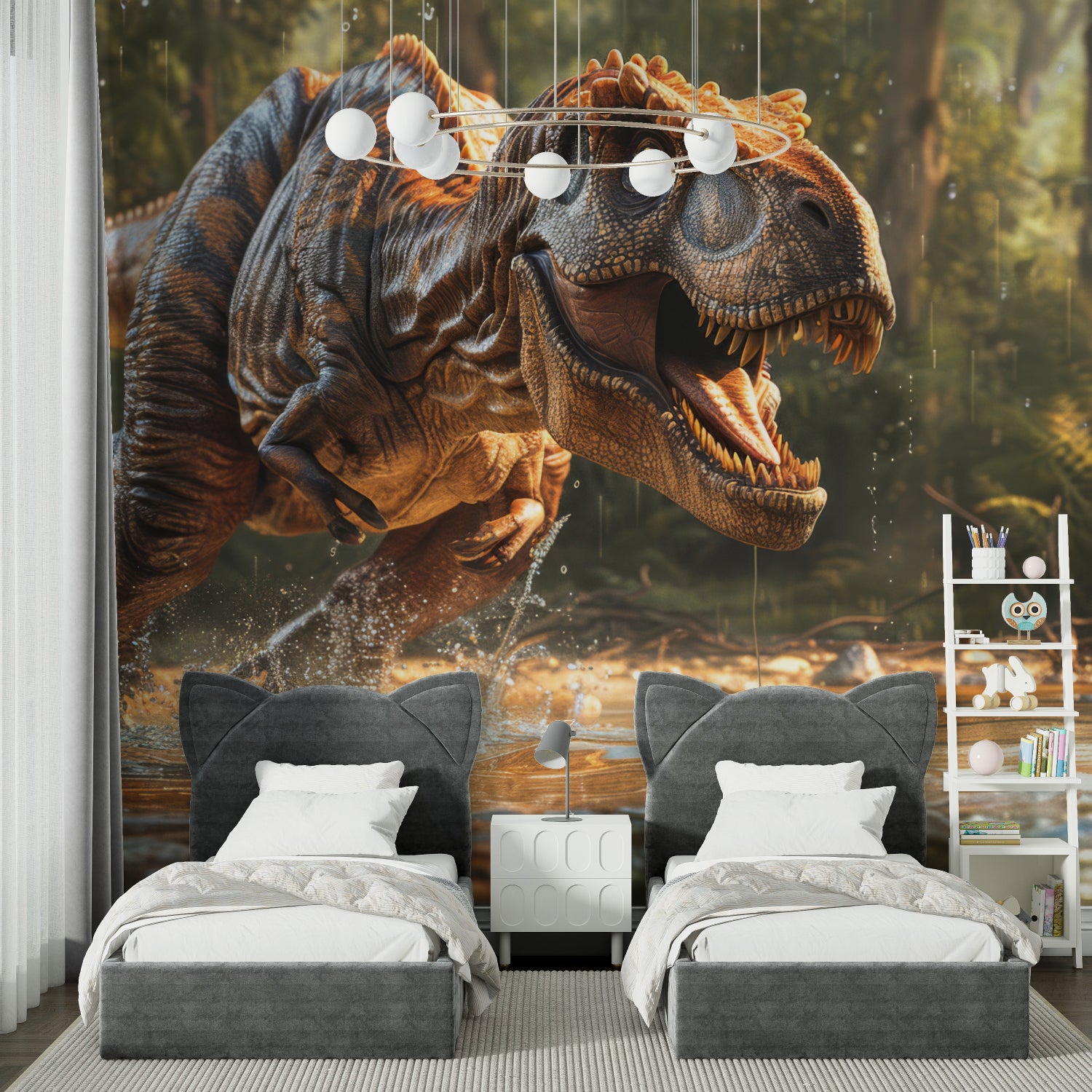 T-Rex forest mural making a bold statement in a game room environment