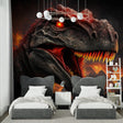 T-Rex wallpaper bringing prehistoric adventure to a modern kids bedroom with dramatic lighting effects