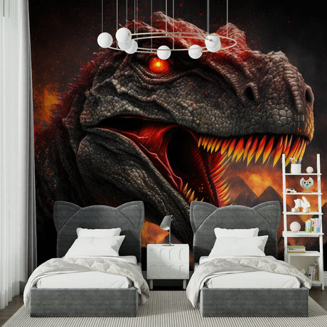 T-Rex wallpaper bringing prehistoric adventure to a modern kids bedroom with dramatic lighting effects