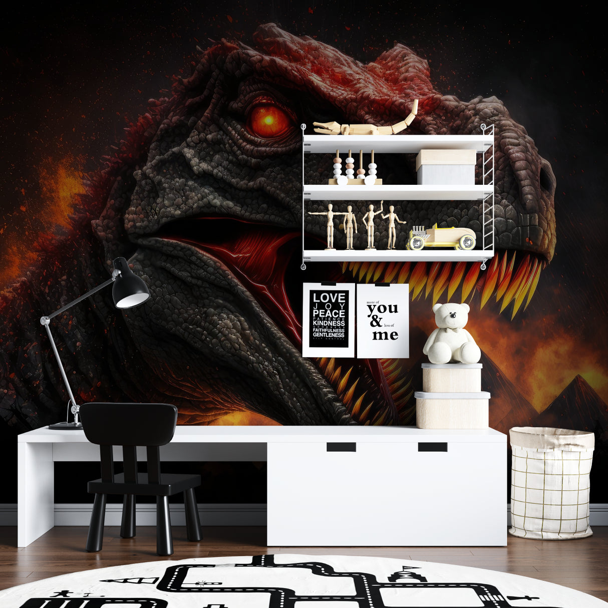 Dinosaur wall mural showcased in a teen gaming room with ambient lighting