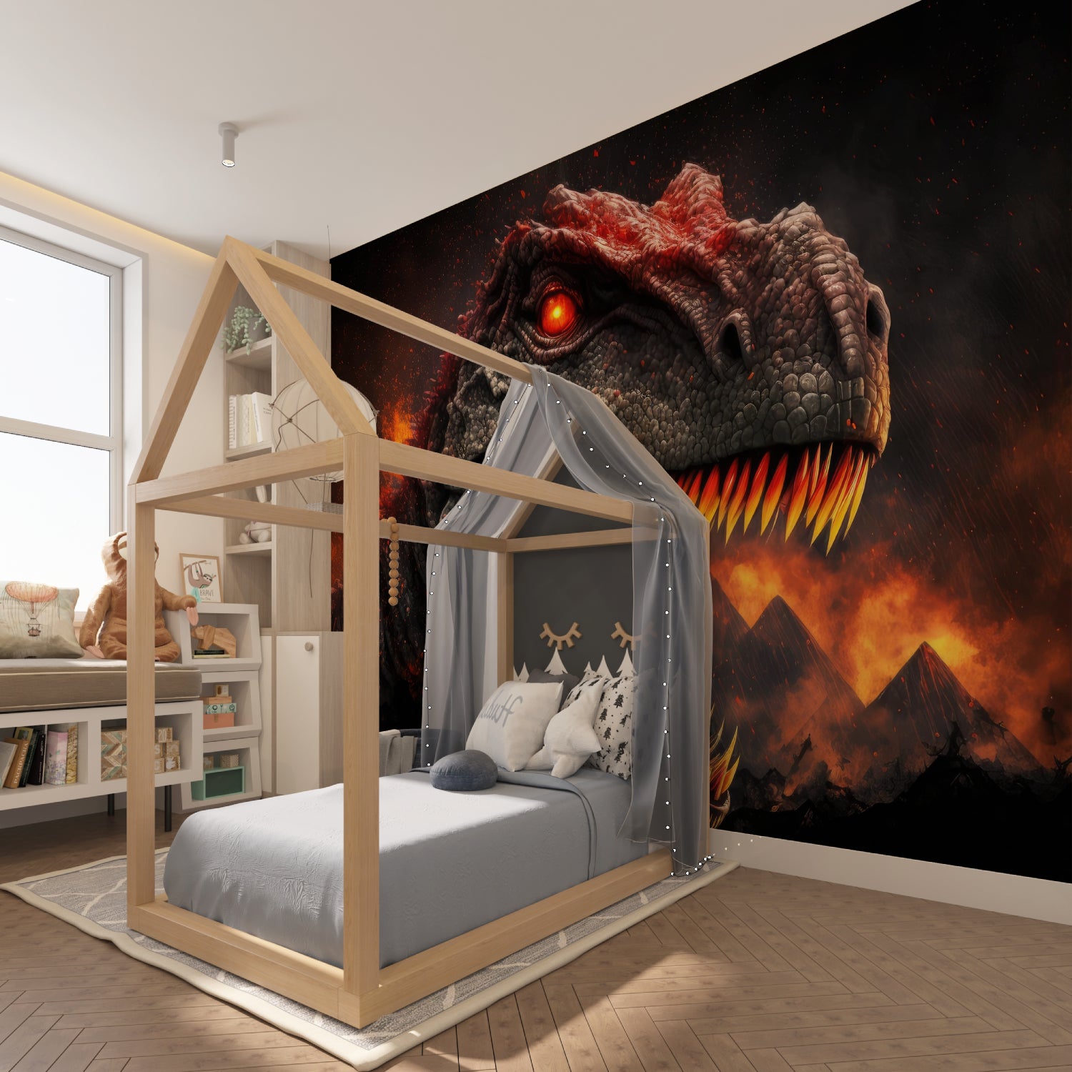 T-Rex mural creating an epic atmosphere in a children's study space