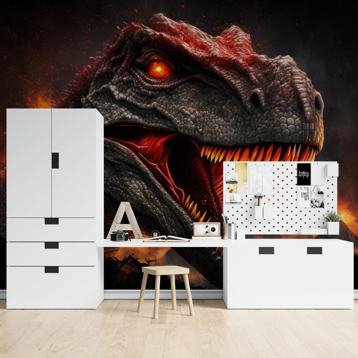 Dramatic dinosaur wallpaper transforming a play area with glowing effects