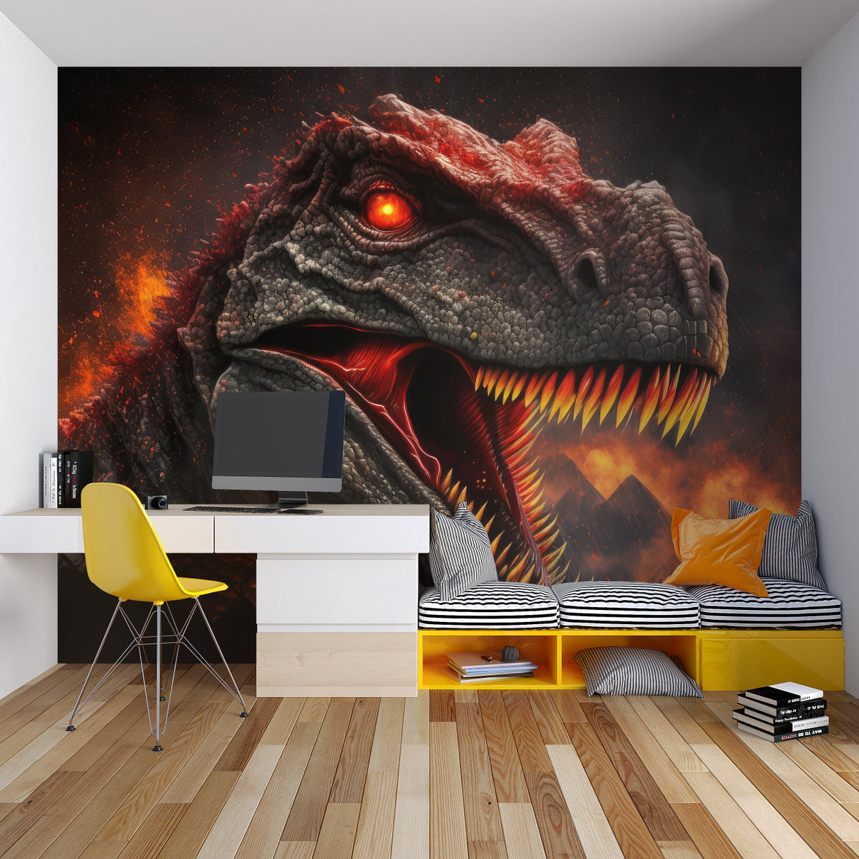 T-Rex wall art making a bold statement in a modern family room
