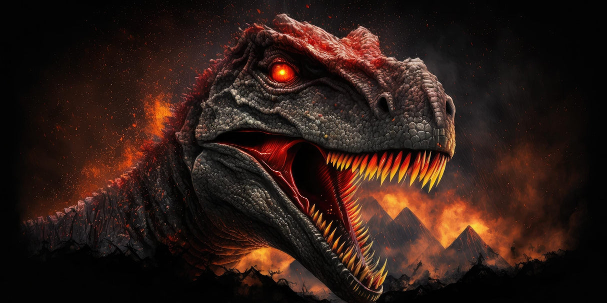 High-resolution design file of fierce T-Rex wallpaper with glowing eye effect