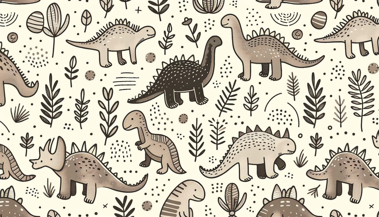 Hand-drawn prehistoric pattern design file showing charming dinosaurs in beige and grey tones