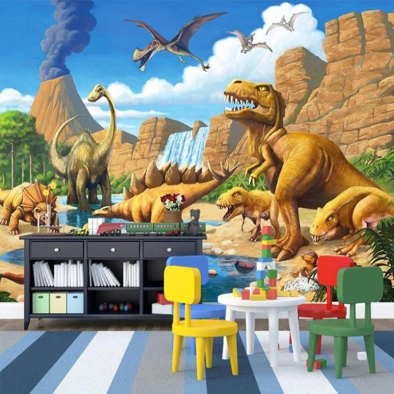 Jurassic wall mural creating depth in playroom with reading nook and educational corner