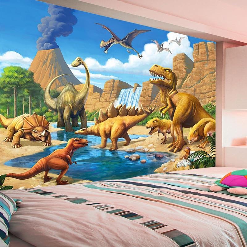 Prehistoric wallpaper scene bringing life to study area with desk and shelving