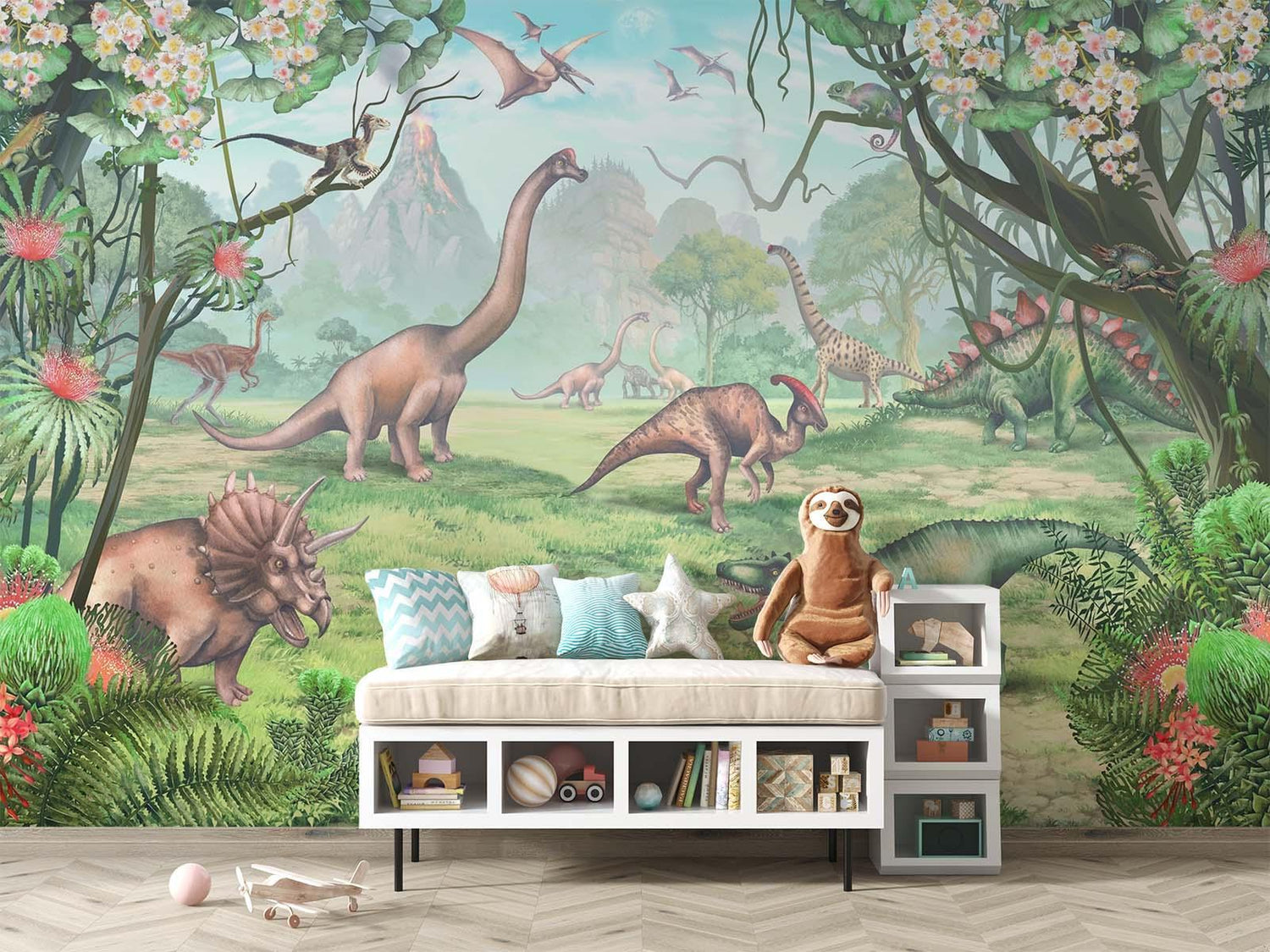 Kids dinosaur wallpaper transforming a nursery with gentle prehistoric scenes and calming colors