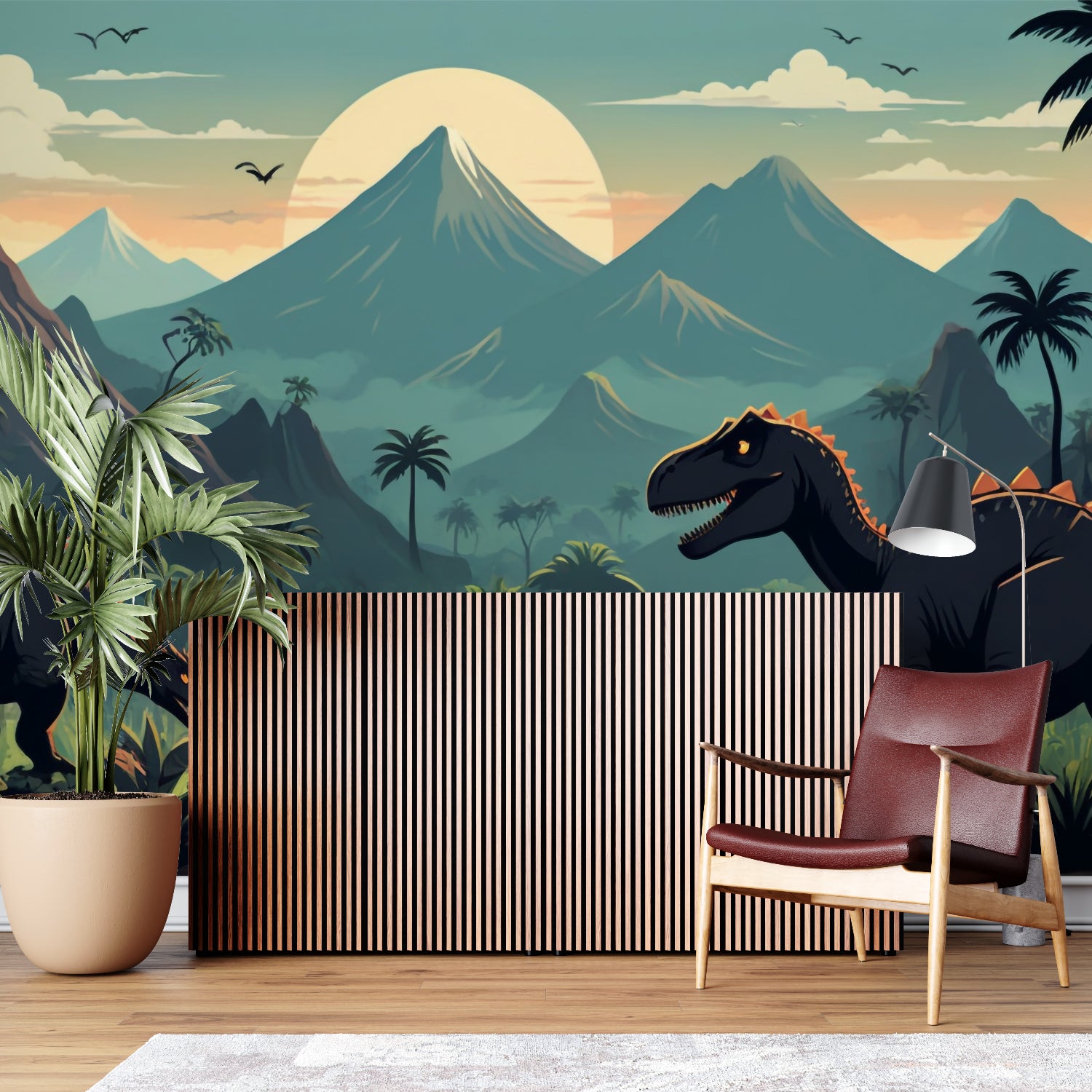 Dinosaur themed wallpaper transforming a playroom with golden sunset colors