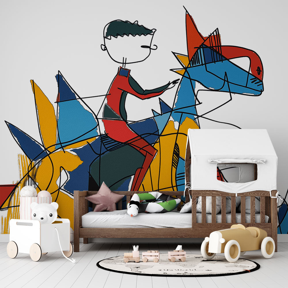 Modern geometric dinosaur wallpaper creating a bold statement in a minimalist children's bedroom with natural lighting