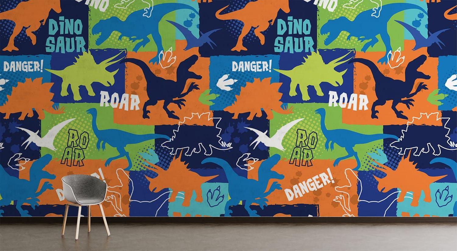 Study space transformed with modern dinosaur wall mural showing dynamic T-Rex and Triceratops silhouettes