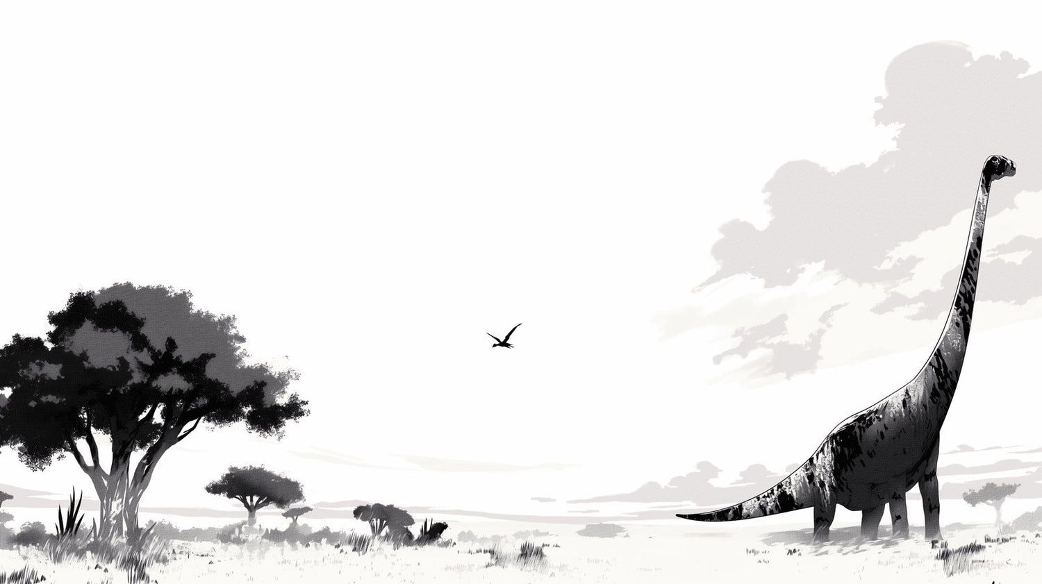 Minimalist black and white dinosaur wallpaper design file showing detailed savanna scene with diplodocus and pterosaur