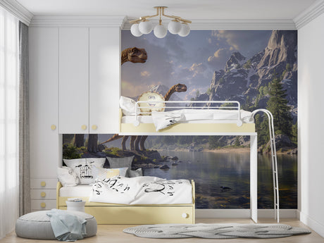 Dinosaur wallpaper bringing prehistoric wonder to a modern living room with mountain lake scene