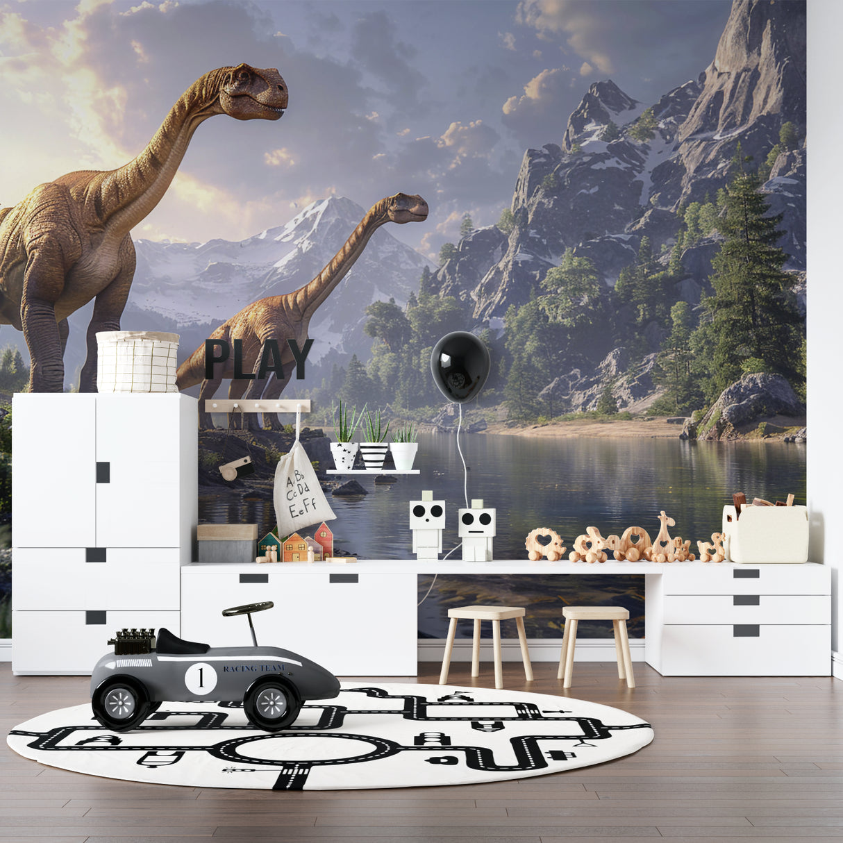 Kids bedroom transformed with Brachiosaurus mountain lake wallpaper mural