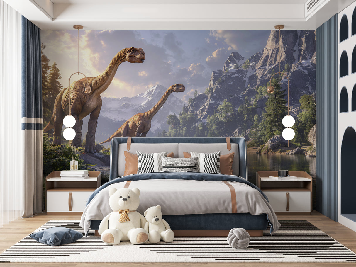 Playroom featuring dinosaur landscape wallpaper with peaceful mountain lake scene