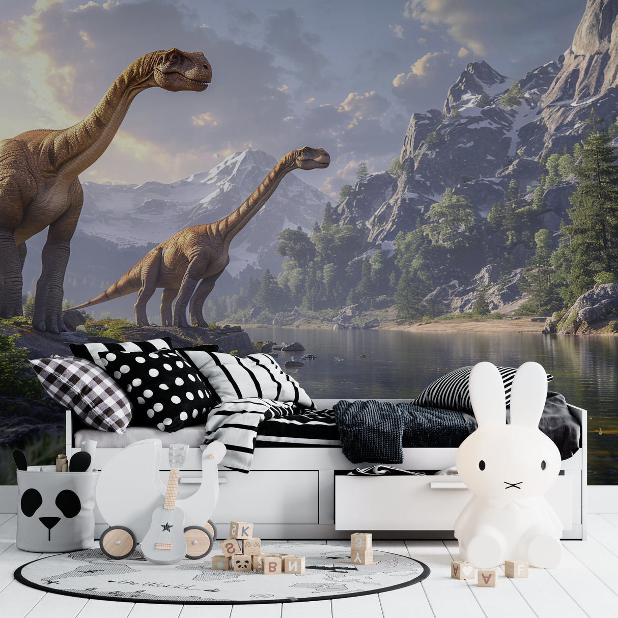 Study room showcasing mountain lake dinosaur mural with Brachiosaurus