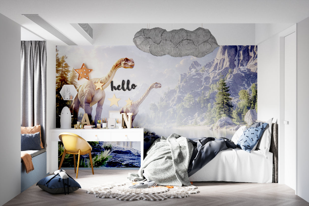 Home office wall decorated with peaceful Brachiosaurus lake scene wallpaper