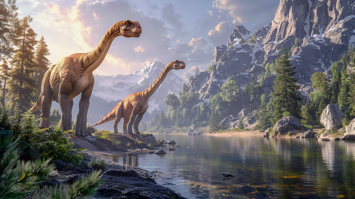 Dinosaur landscape wallpaper design file showing detailed mountain lake scene with Brachiosaurus