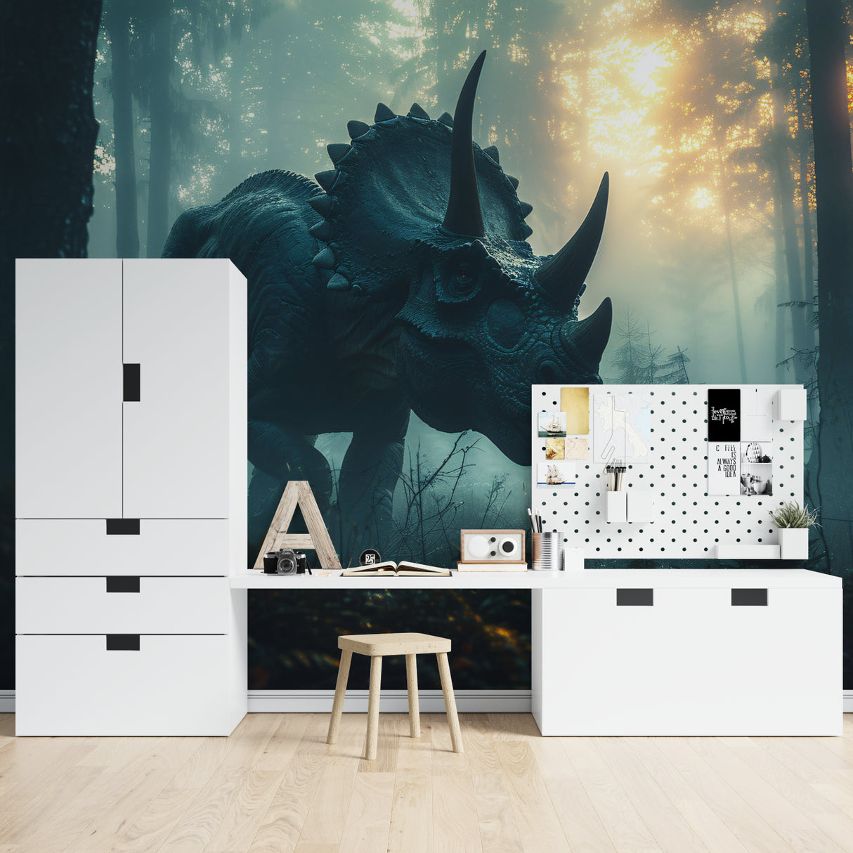 T-Rex forest wallpaper creating depth in a cozy playroom setting