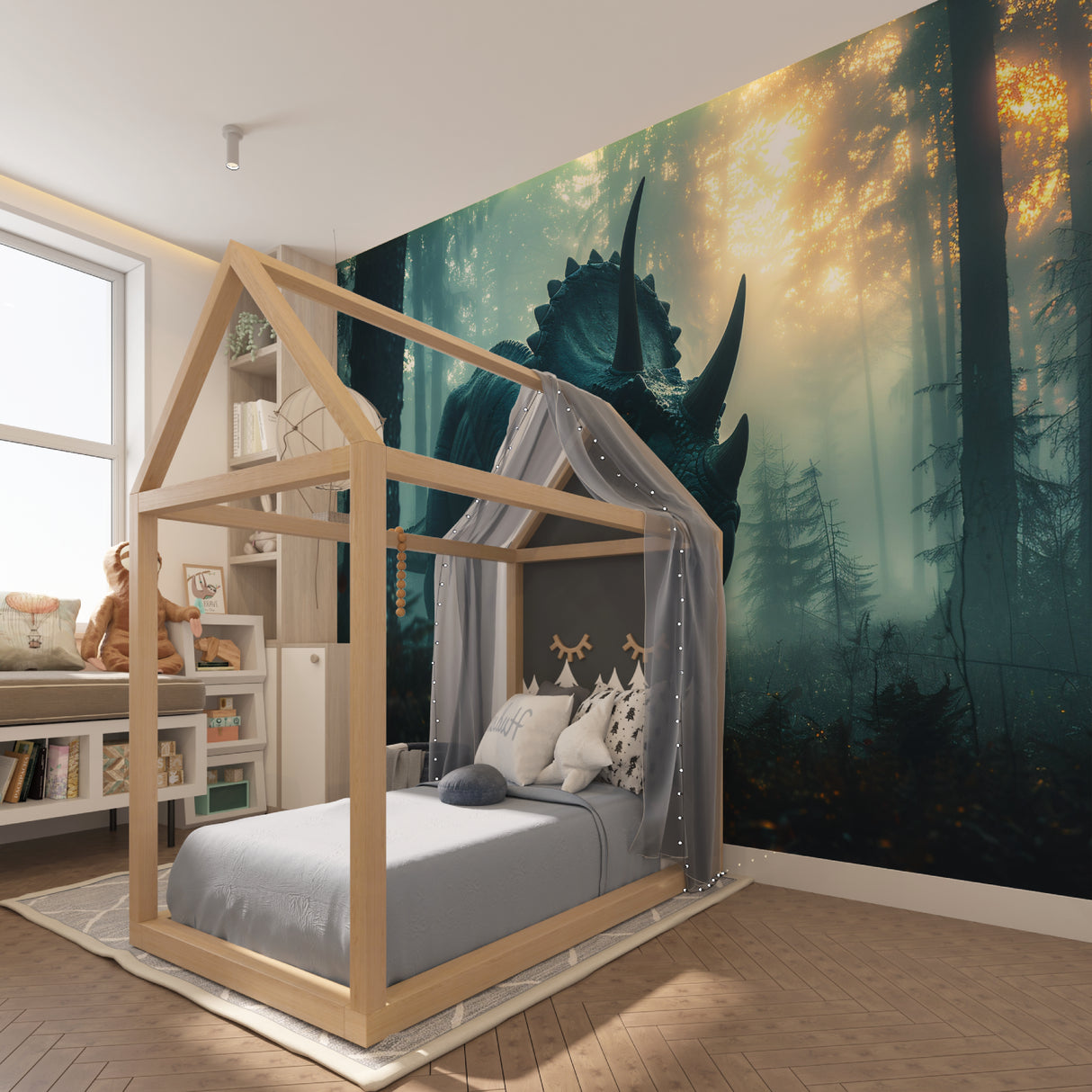 Prehistoric mural showcased in a teen gaming room with ambient lighting