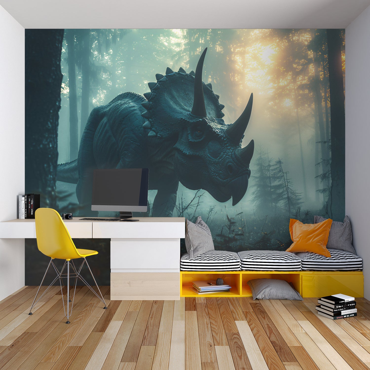 T-Rex wallpaper adding character to a modern child's reading nook