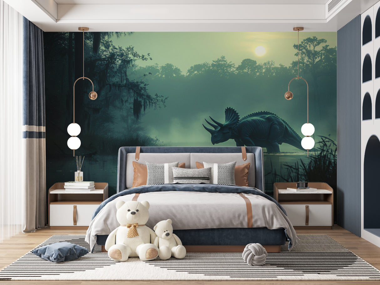 Green forest dinosaur wallpaper bringing life to a cozy reading nook