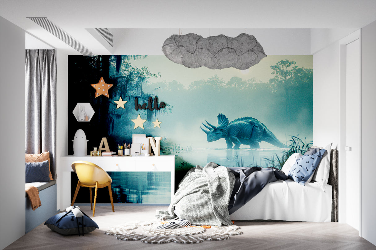 Prehistoric wall mural showcased in a bright playroom setting