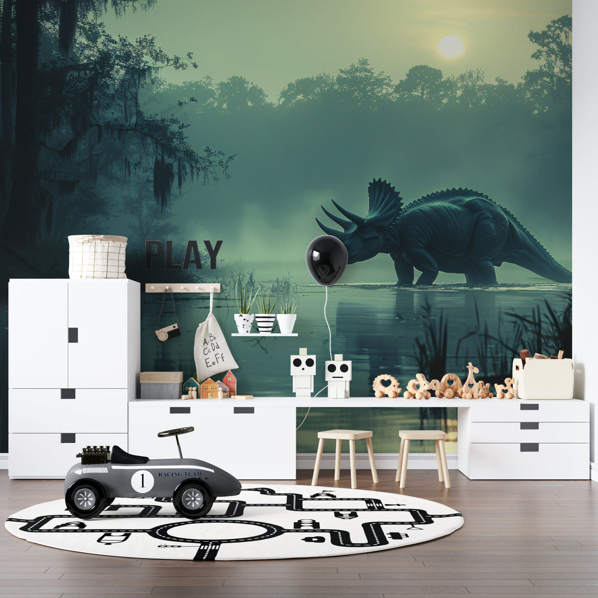 Dinosaur forest mural displayed in a modern nursery with minimal furniture