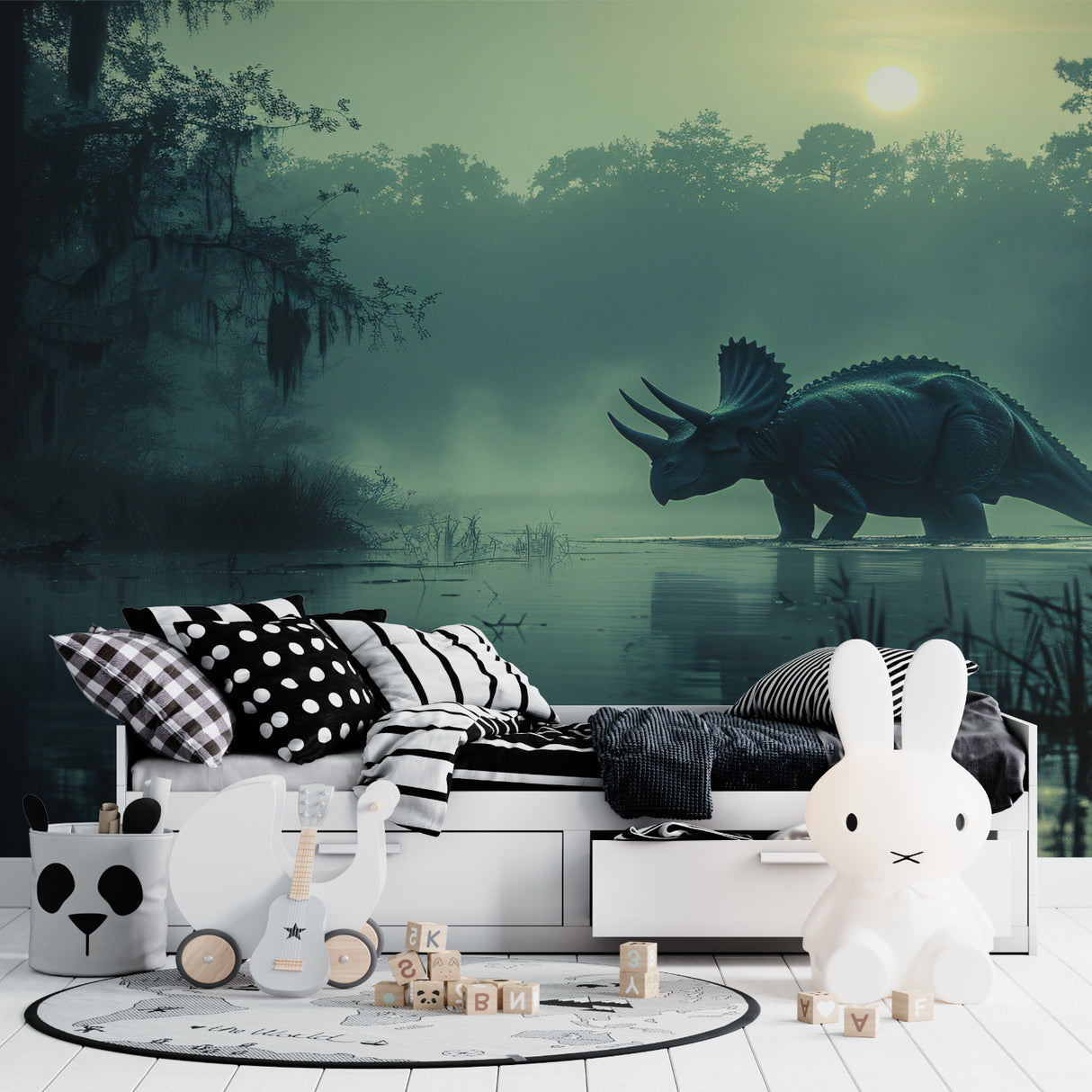 Green dinosaur wallpaper featured in a contemporary child's study area