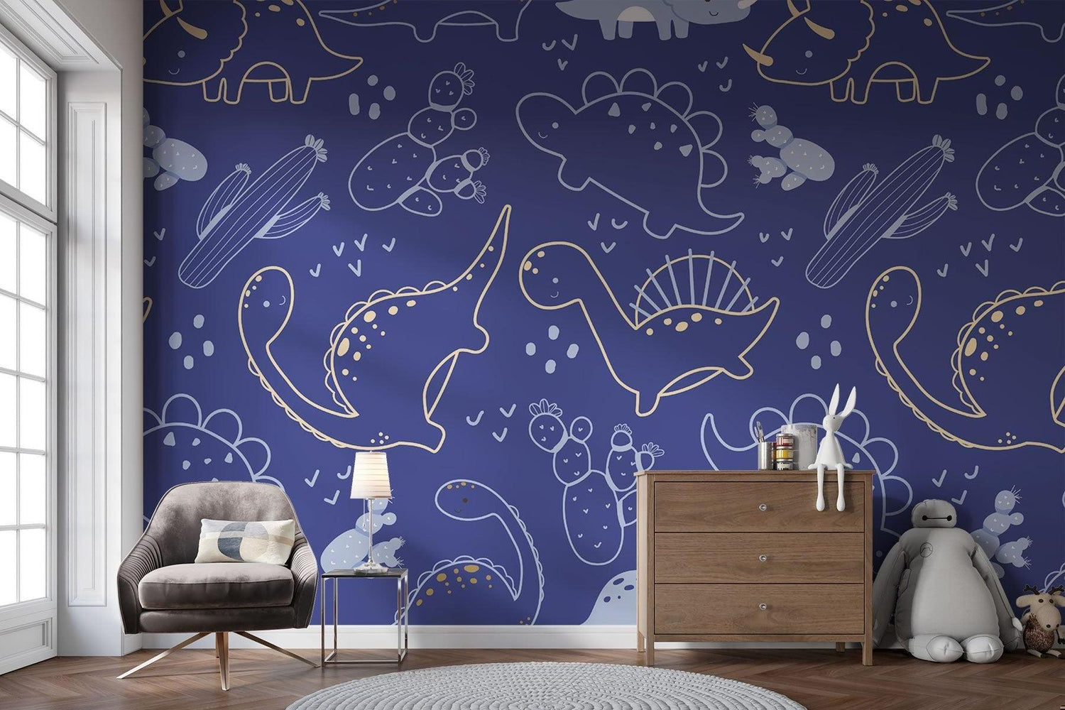 Line art dinosaur mural creating calm atmosphere in kids bedroom