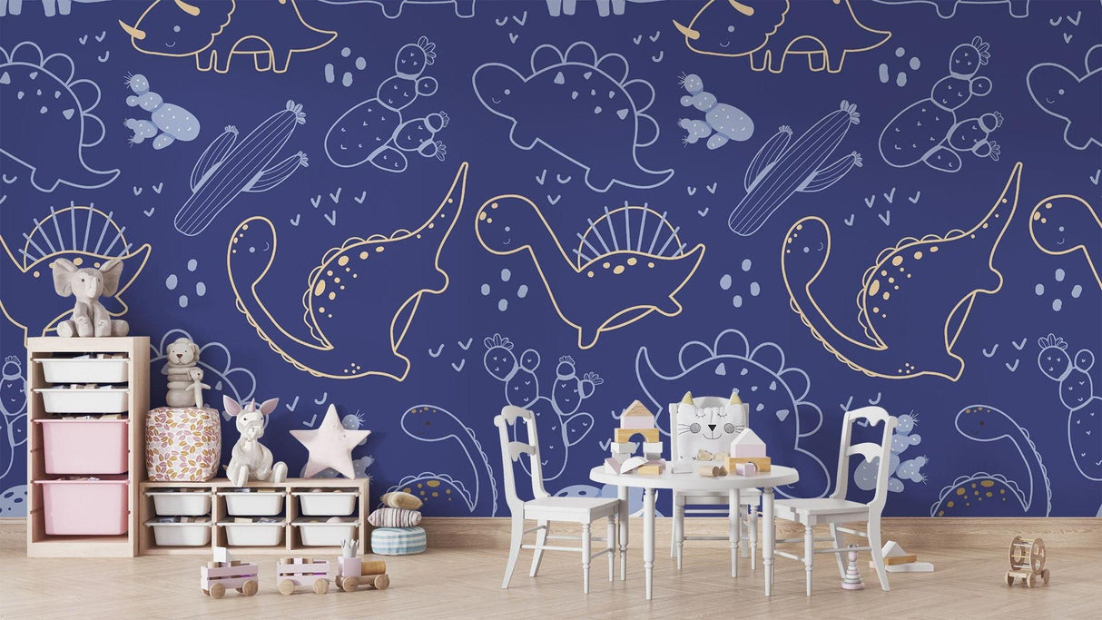 Modern kids room with navy blue dinosaur line art wallpaper