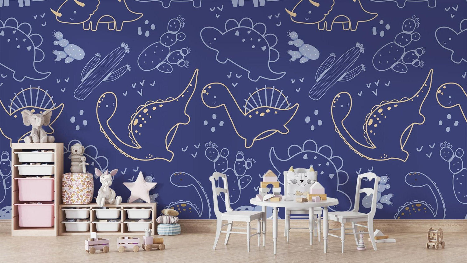 Modern kids room with navy blue dinosaur line art wallpaper