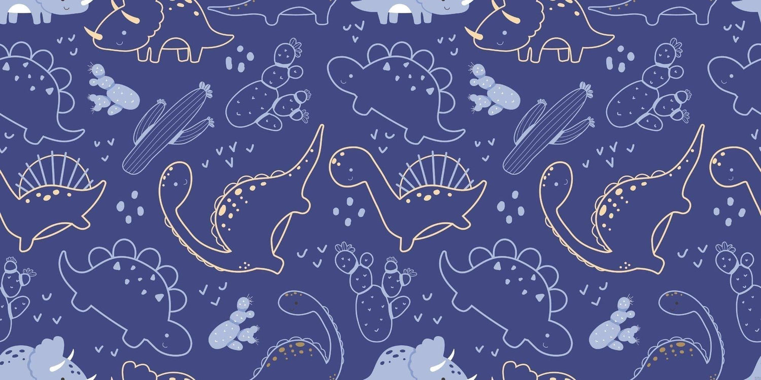 Design file: Navy blue dinosaur line art pattern with gold accents