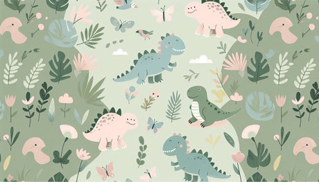 Pastel dinosaur wallpaper bringing charm to a bright nursery, with soft pink and blue dinos dancing among butterflies