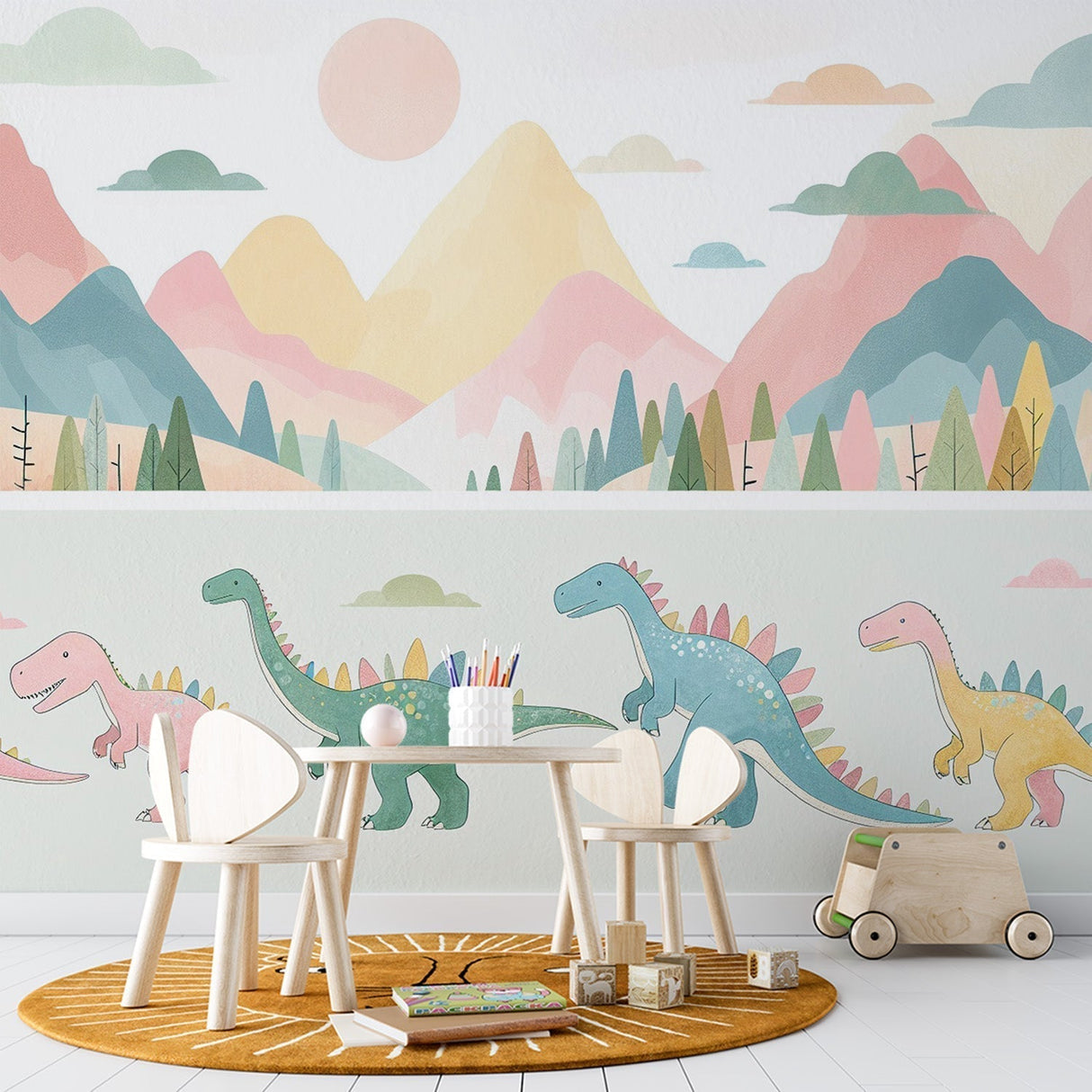 Dinosaur wallpaper with pastel mountains creating a sweet atmosphere in a modern nursery with white furniture