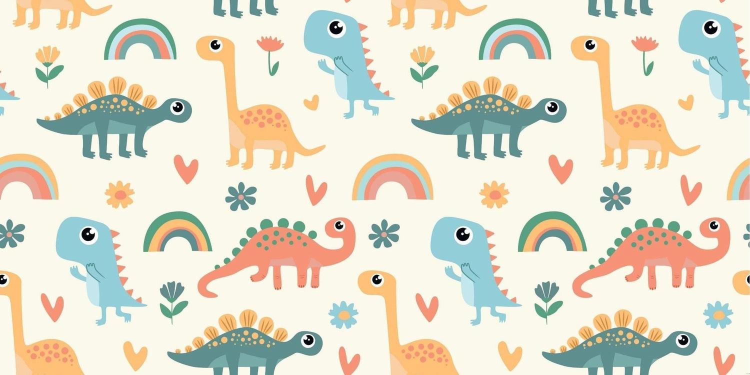 Design file showing full pattern of pastel dinosaurs and rainbow elements