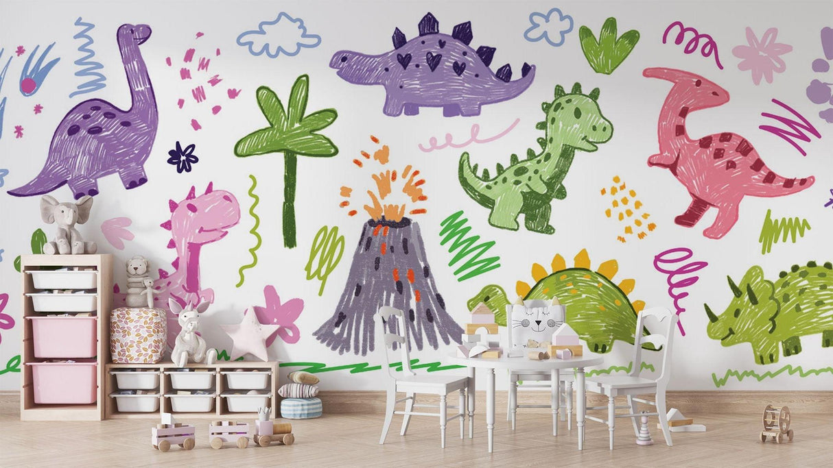 Dinosaur wall mural bringing joy to a modern nursery with soft watercolor doodles